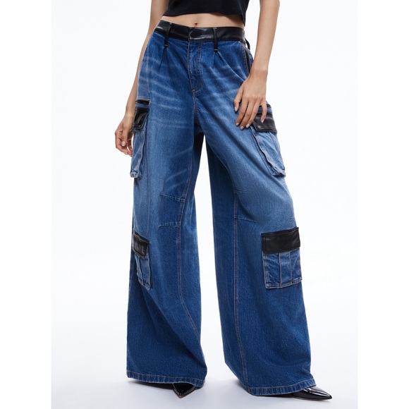 Alice + Olivia Joette Combination Vegan Leather Cargo Jeans - Picture 7 of 15